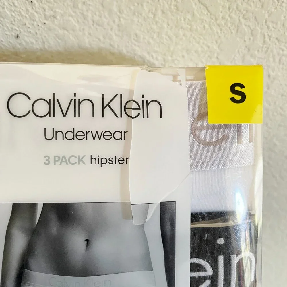 NEW Calvin Klein 3 Pack Hipster Logo Underwear S Black Gray White Cotton Stretch - Picture 2 of 5